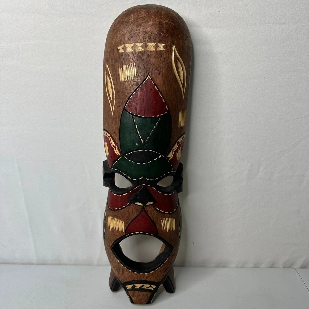Hand Carved Wooden African Tribal Mask Wall Decor Hand Painted Folk Art 16 Inch